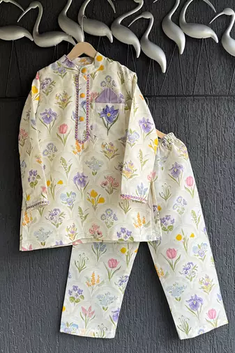 Off white printed cotton silk kurta set