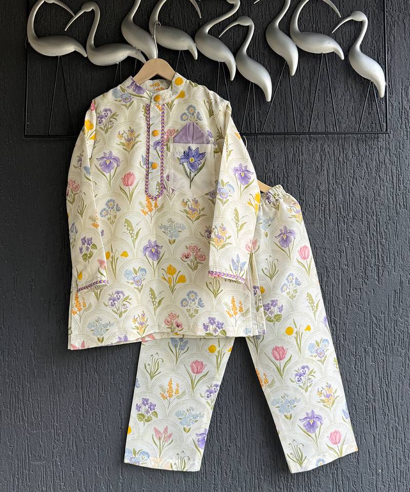 Off white printed cotton silk kurta set