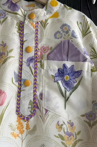 Off white printed cotton silk kurta set