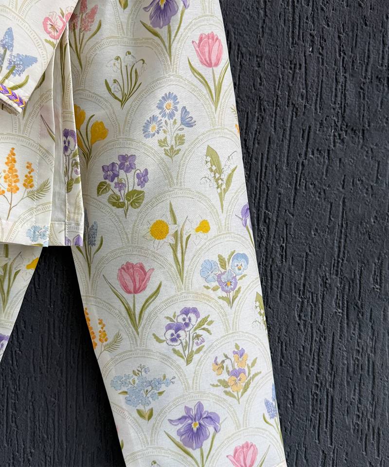 Off white printed cotton silk kurta set