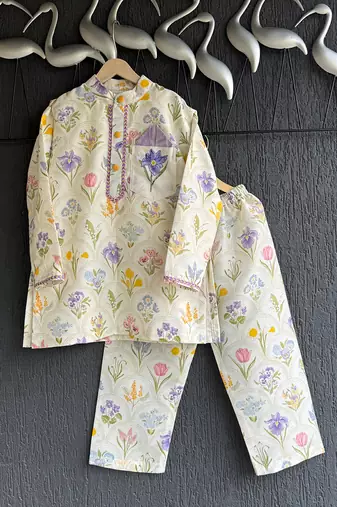 Off white printed cotton silk kurta set