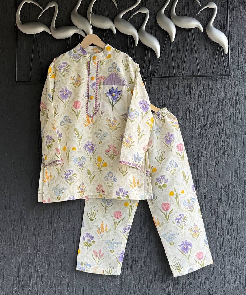 Off white printed cotton silk kurta set