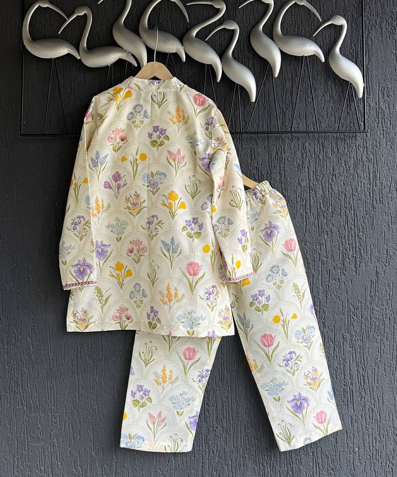 Off white printed cotton silk kurta set