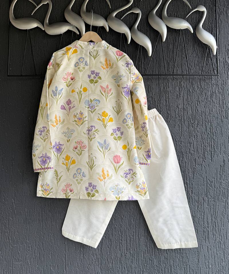 Off white printed cotton silk kurta set