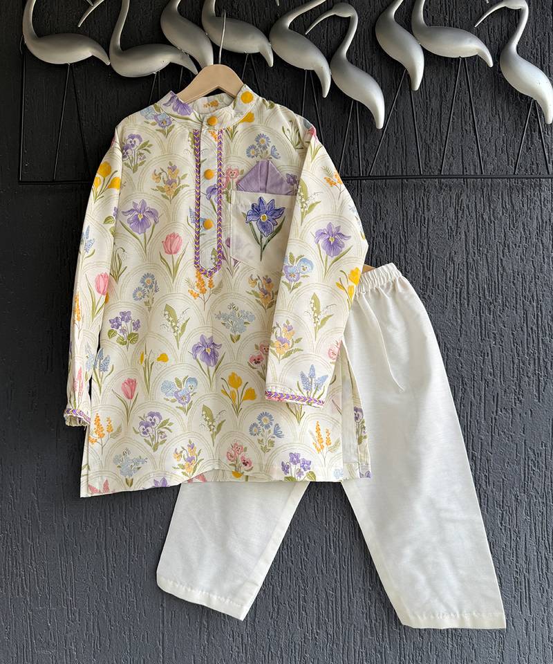 Off white printed cotton silk kurta set