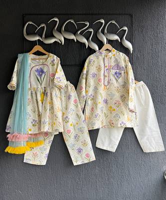 Off white printed cotton silk kurta set 11