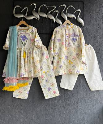 Off white printed cotton silk kurta set 12