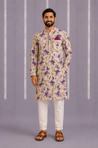 Purple off white printed cotton silk Men Kurta Set