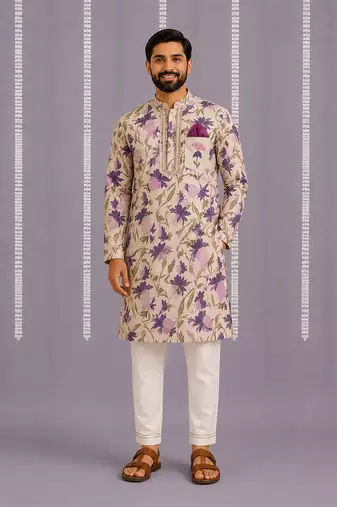 Purple off white printed cotton silk Men Kurta Set