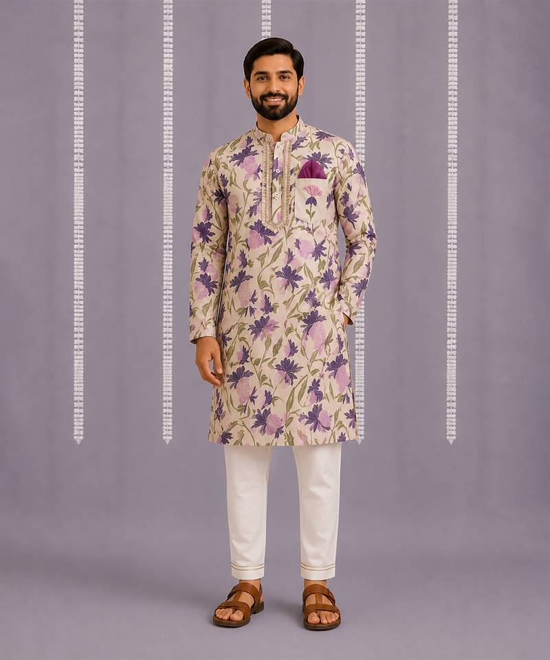 Purple off white printed cotton silk Men Kurta Set