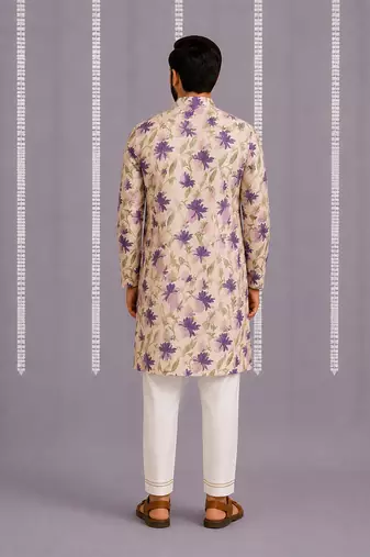 Purple off white printed cotton silk Men Kurta Set