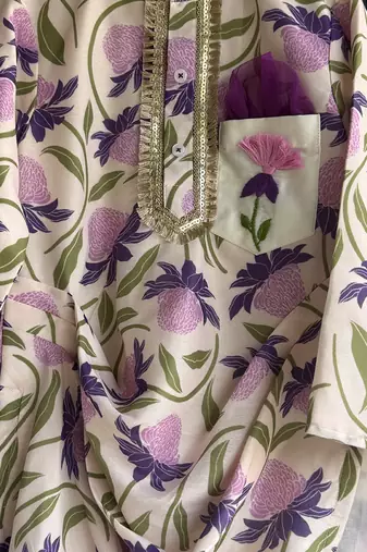 Purple off white printed cotton silk Men Kurta Set