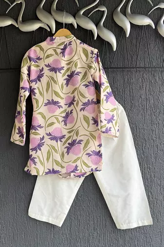 Purple off white printed cotton silk Men Kurta Set