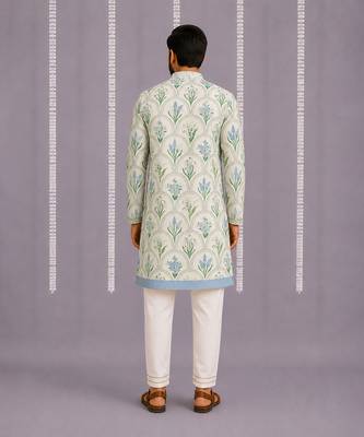 Powder blue floral printed cotton silk Men Kurta Set 1