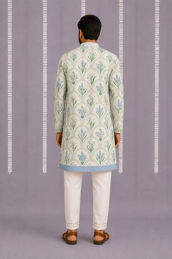 Powder blue floral printed cotton silk Men Kurta Set