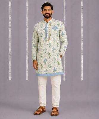 Powder blue floral printed cotton silk Men Kurta Set 2