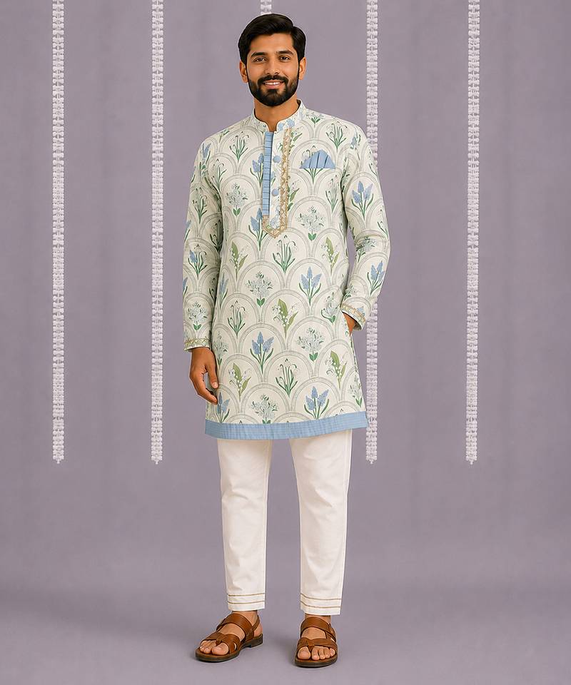 Powder blue floral printed cotton silk Men Kurta Set
