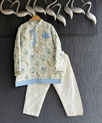 Powder blue floral printed cotton silk Men Kurta Set 3