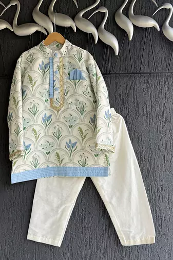 Powder blue floral printed cotton silk Men Kurta Set