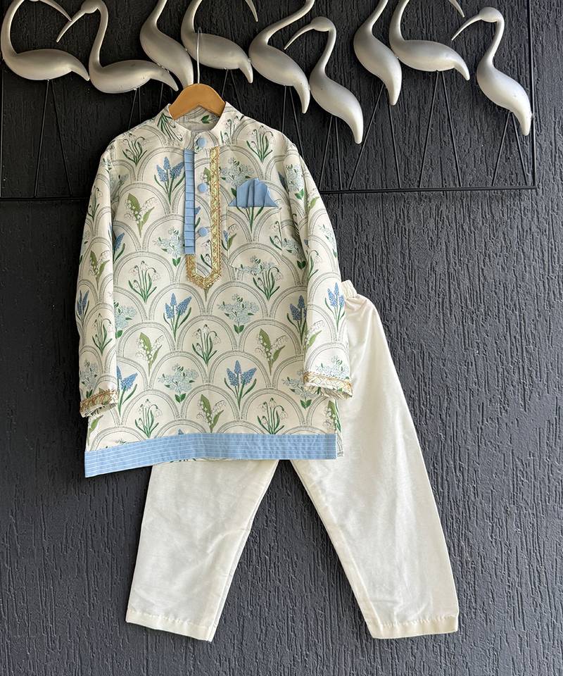Powder blue floral printed cotton silk Men Kurta Set