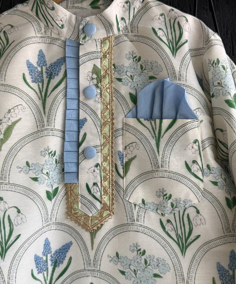 Powder blue floral printed cotton silk Men Kurta Set