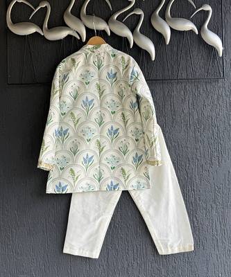 Powder blue floral printed cotton silk Men Kurta Set 7