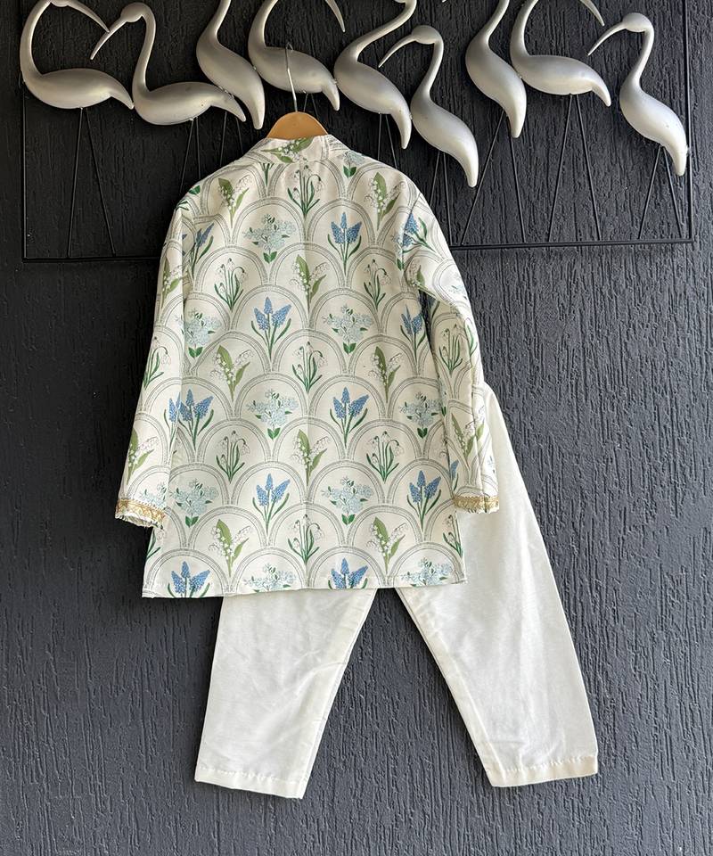 Powder blue floral printed cotton silk Men Kurta Set