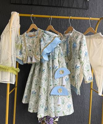 Powder blue floral printed cotton silk Men Kurta Set 9