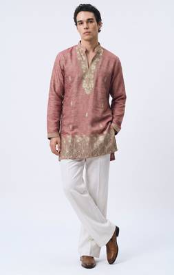 Pink salsa fabric kurta with lachaka fabric bootcut pants, ethnic partywear ensemble. 1