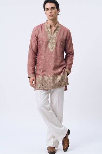 Pink salsa fabric kurta with lachaka fabric bootcut pants, ethnic partywear ensemble.