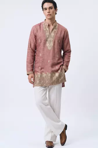 Pink salsa fabric kurta with lachaka fabric bootcut pants, ethnic partywear ensemble.