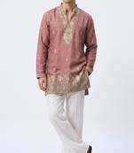 Pink salsa fabric kurta with lachaka fabric bootcut pants, ethnic partywear ensemble.
