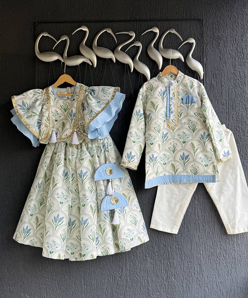 Powder blue floral printed cotton silk Men Kurta Set