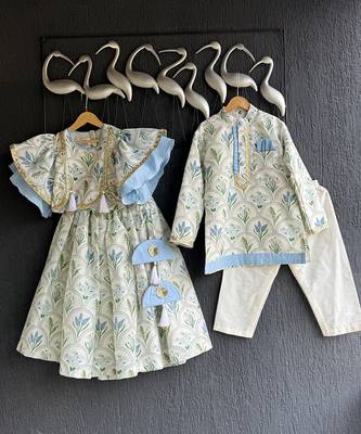 Powder blue floral printed cotton silk Men Kurta Set 11