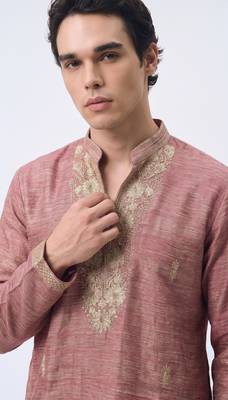 Pink salsa fabric kurta with lachaka fabric bootcut pants, ethnic partywear ensemble. 2