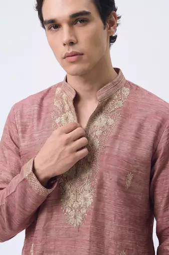 Pink salsa fabric kurta with lachaka fabric bootcut pants, ethnic partywear ensemble.