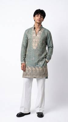Blue salsa fabric kurta with lachaka fabric bootcut pants, ethnic partywear ensemble. 1