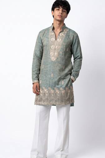 Blue salsa fabric kurta with lachaka fabric bootcut pants, ethnic partywear ensemble.
