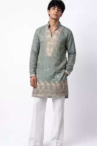 Blue salsa fabric kurta with lachaka fabric bootcut pants, ethnic partywear ensemble.