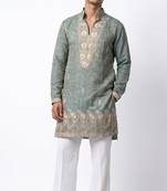 Blue salsa fabric kurta with lachaka fabric bootcut pants, ethnic partywear ensemble.