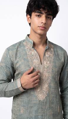 Blue salsa fabric kurta with lachaka fabric bootcut pants, ethnic partywear ensemble. 2