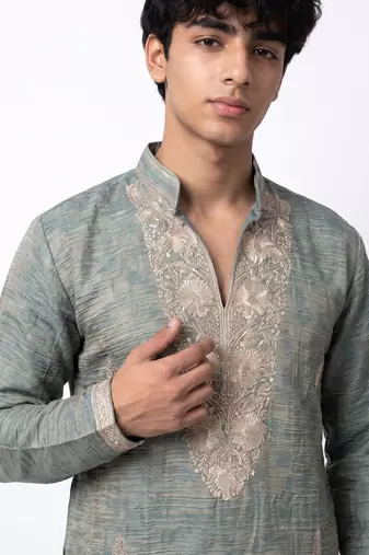 Blue salsa fabric kurta with lachaka fabric bootcut pants, ethnic partywear ensemble.