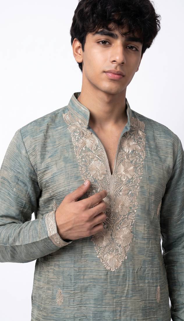 Blue salsa fabric kurta with lachaka fabric bootcut pants, ethnic partywear ensemble.
