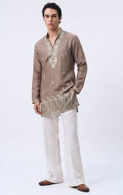 Brown salsa fabric kurta with lachaka fabric bootcut pants, ethnic partywear ensemble. 1