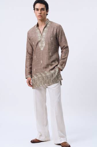 Brown salsa fabric kurta with lachaka fabric bootcut pants, ethnic partywear ensemble.