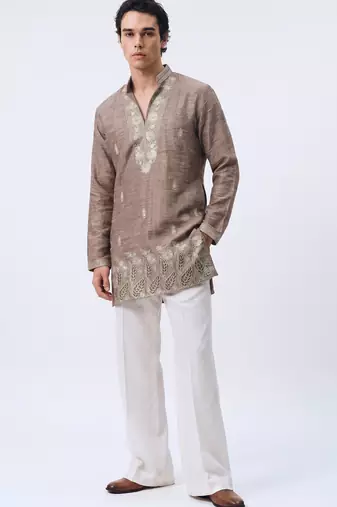 Brown salsa fabric kurta with lachaka fabric bootcut pants, ethnic partywear ensemble.