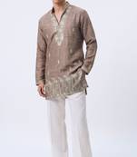 Brown salsa fabric kurta with lachaka fabric bootcut pants, ethnic partywear ensemble.