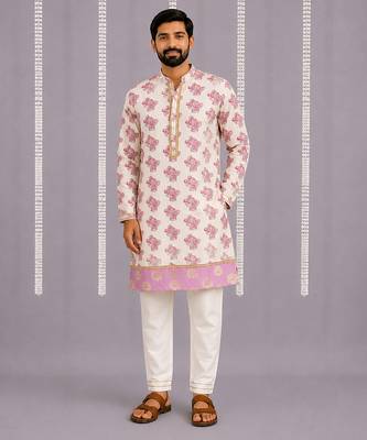 Off white purple printed cotton silk Men Kurta Set 1