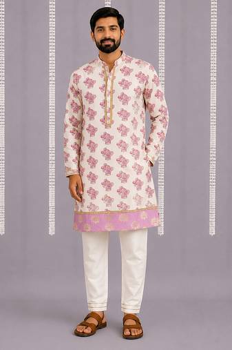 Off white purple printed cotton silk Men Kurta Set