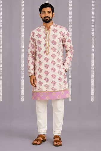 Off white purple printed cotton silk Men Kurta Set